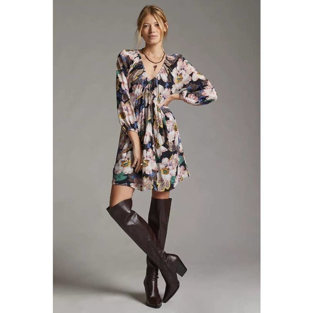 Anthropologie Black Colorful Floral Long Sleeve Tiered V-Neck Tunic Dress XL